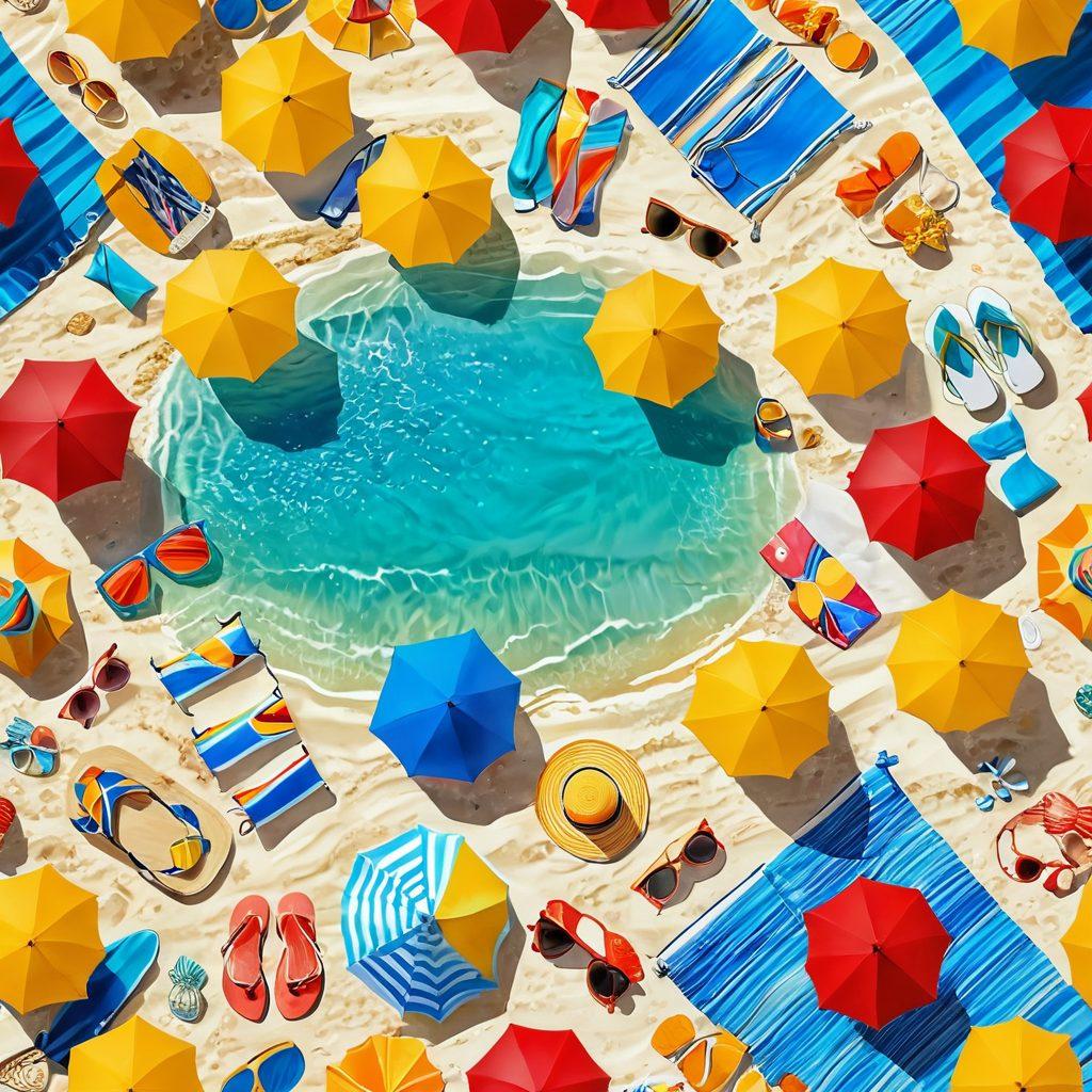 A vibrant beach scene showcasing diverse people in colorful summer attire, lounging on golden sand, with a bright blue ocean and a clear sunny sky in the background. Include beach umbrellas, towels, and accessories like sunglasses and hats to capture the essence of resort life. The atmosphere should exude relaxation and joy, highlighting a variety of styles from swimwear to resort wear. super-realistic. vibrant colors. white background.
