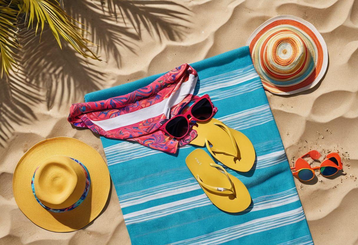 A vibrant summer scene featuring an array of stylish swimwear laid out on a beach towel, with the sparkling ocean and golden sand in the background. Include a luxurious poolside setting with palm trees and colorful beach accessories such as sunglasses, sun hats, and flip-flops. The swimwear should showcase various designs and patterns, capturing the essence of summer fashion. The atmosphere should feel inviting and warm, perfect for beachgoers. super-realistic. vibrant colors. 3D.